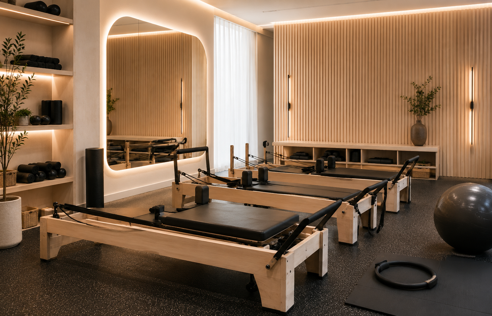 Pilates studio with reformers and wellness accessories